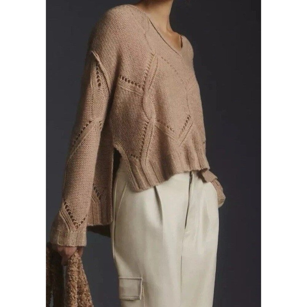 Anthropologie Pilcro Cashmere Pointelle Crop Front V Neck Beige Tan Sweater M